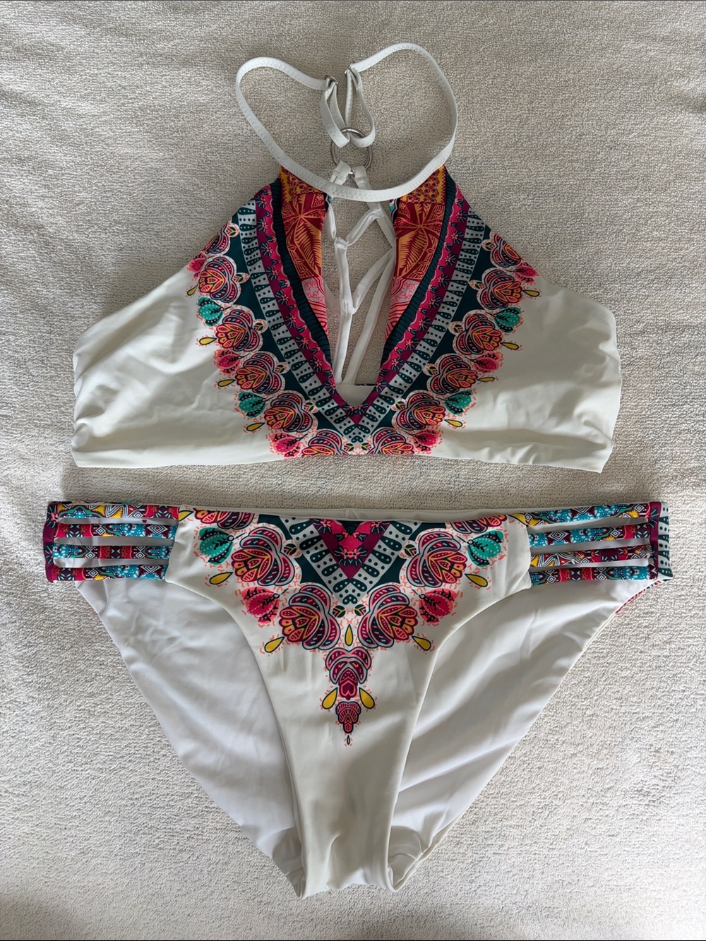 Red Carter White Halter Bikini with Multicolor Floral Print